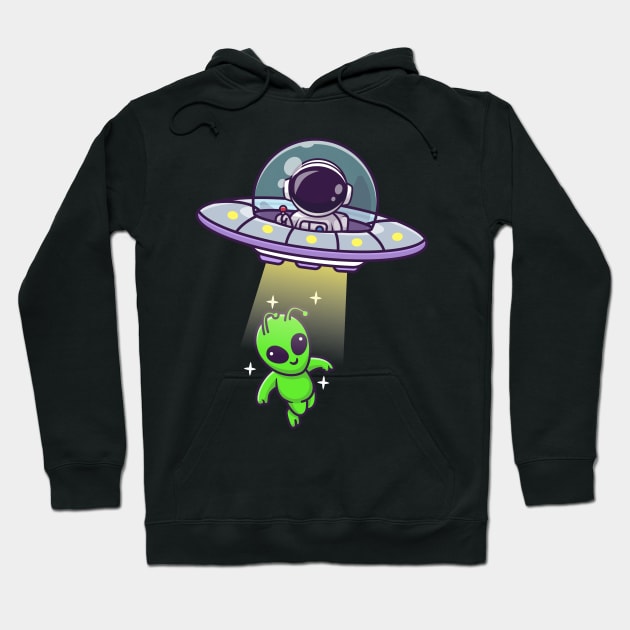 Cute Astronaut Catching Alien With Ufo Cartoon Hoodie by Catalyst Labs